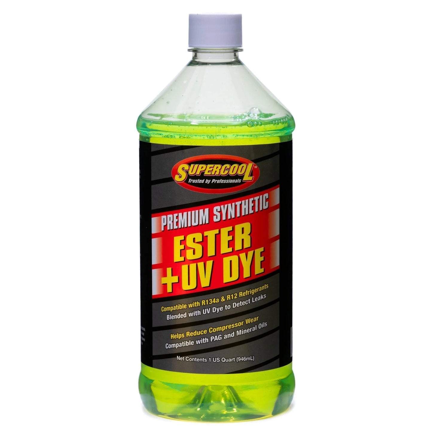 Bottle of Supercool premium synthetic ester + UV dye on a white background