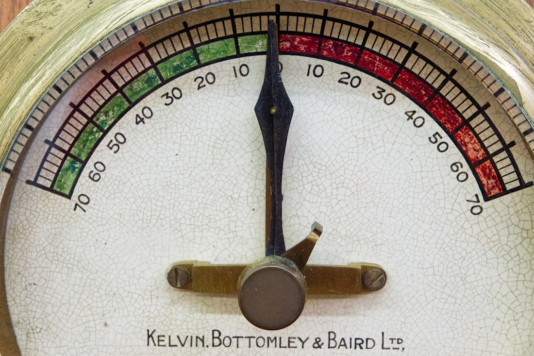 A close up of a thermometer on a wooden surface