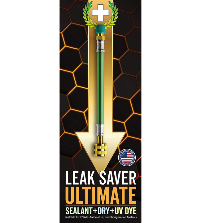 Leak Saver Ultimate sealant and dry UV dye packaging with a black and orange geometric pattern.
