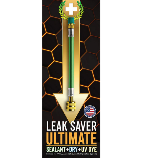 Leak Saver Ultimate sealant and dry UV dye packaging with a black and orange geometric pattern.